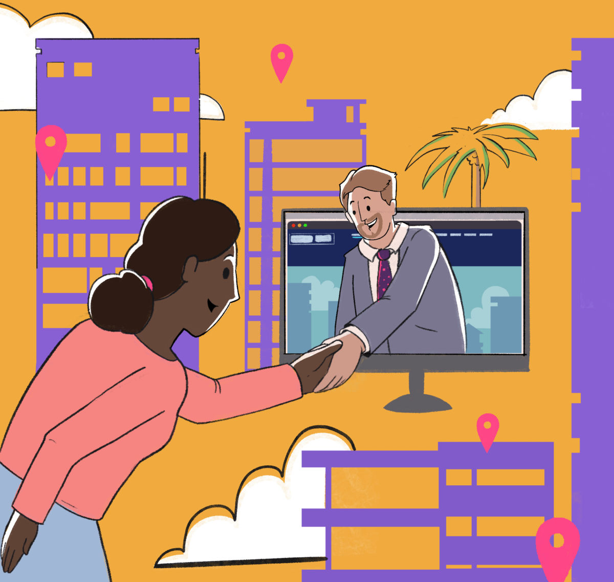 Real estate agent using real estate seo to reach out from a computer screen to connect with a potential homebuyer