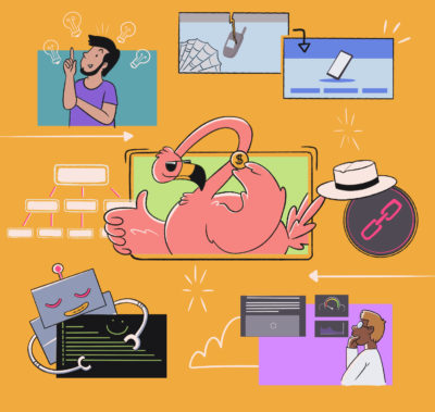 LinkGraph's flamingo mascot showing other digital marketers how to save money with cost effective seo strategies