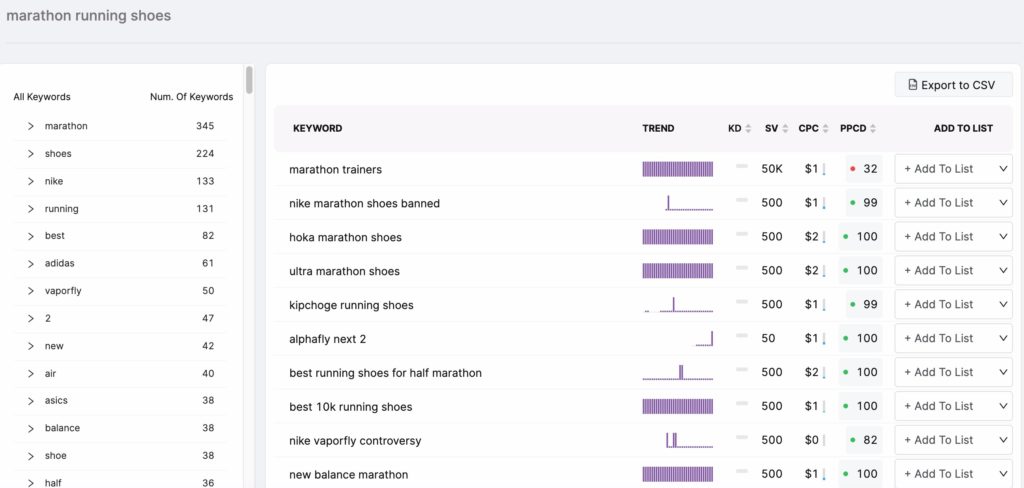 Screenshot of keywords related to marathon running shoes