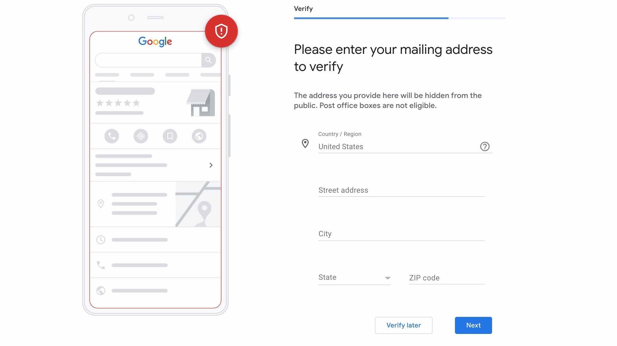 Screenshot of adding business mailing address witha graphic of a phone with a mailing grayed out area and a form to the right