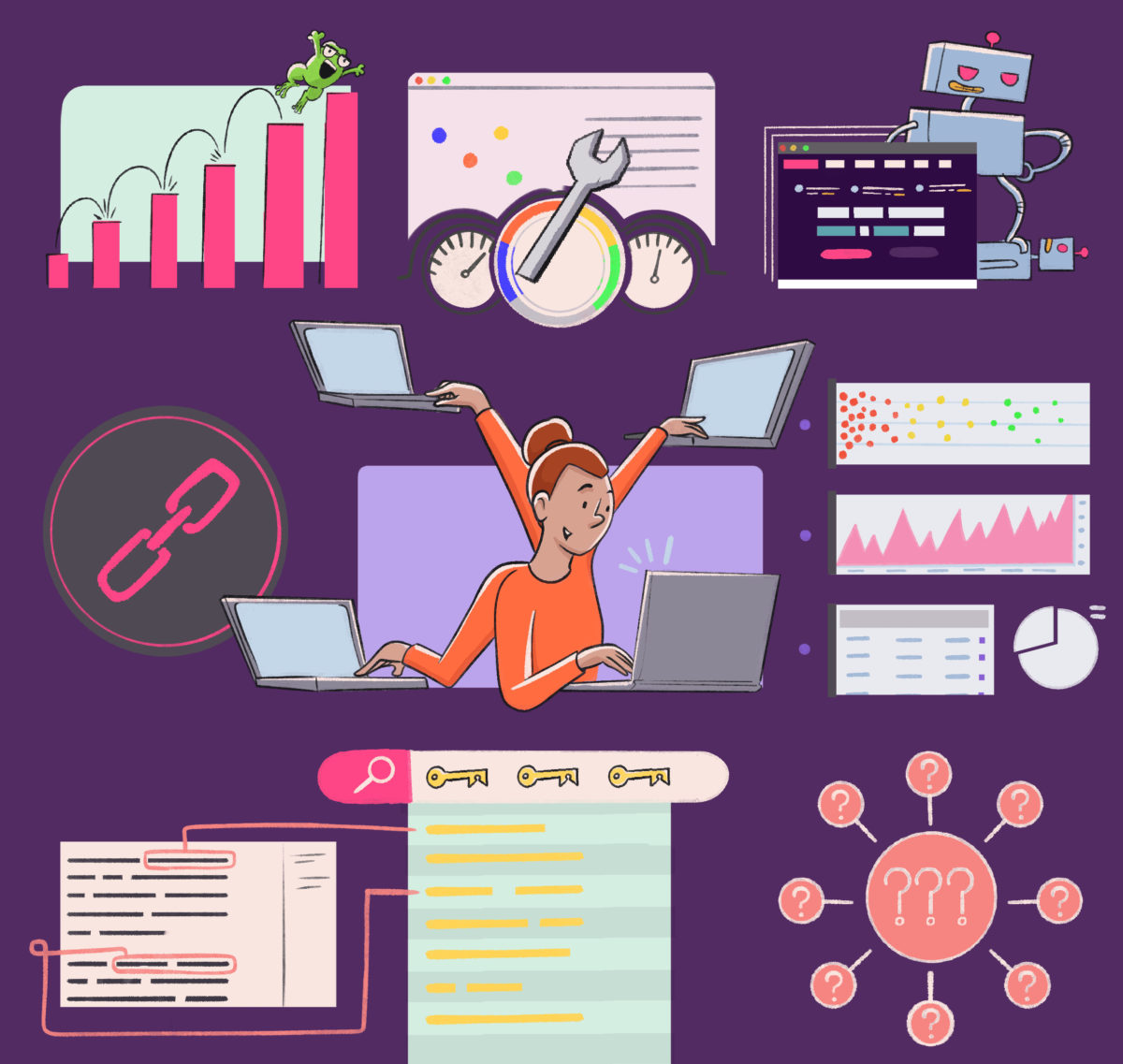 A freelance SEO provider surrounded by their favorite SEO freelancer tools