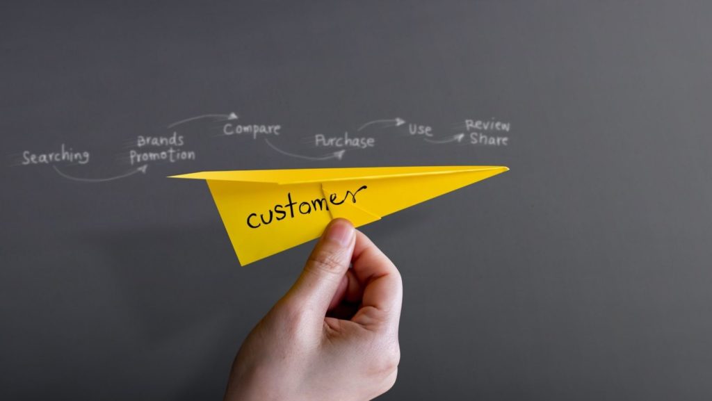 right hand holding a yellow paper airplane with a chalkbaord in the background that explains the buyer journey