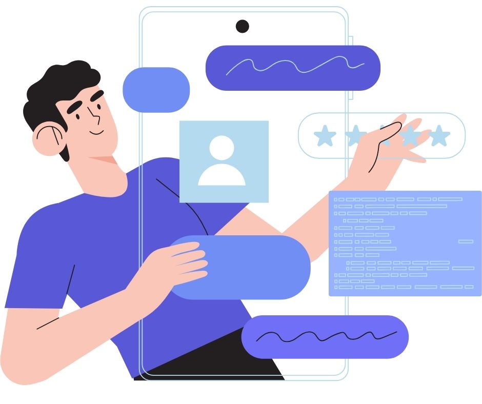 Illustration of a white man with black hair and mobile device elements