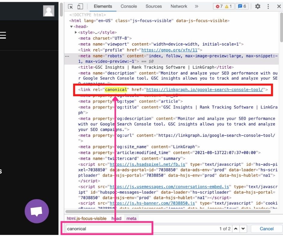 finding the canonical tag in the html