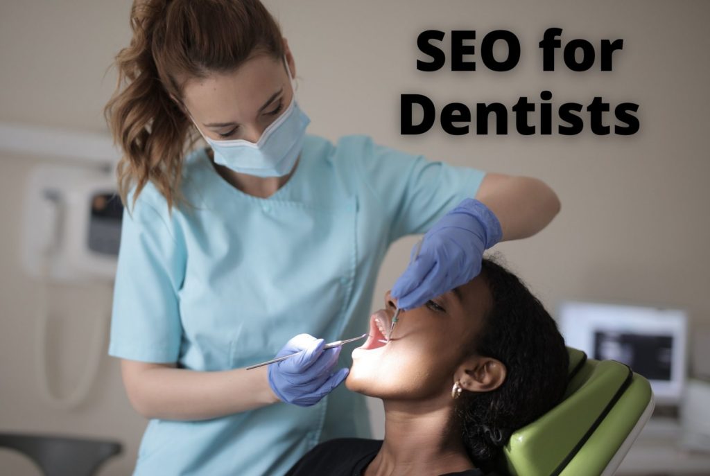 Female dentist looking at a patients mouth with the text SEO for dentists in the background