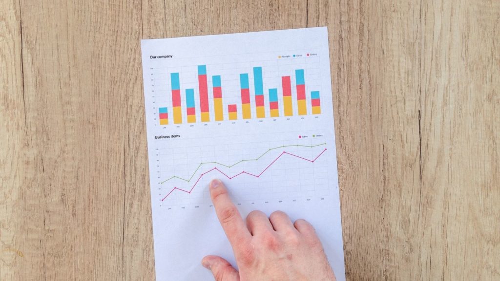 A paper with graphs on it with a finger pointing to one graph