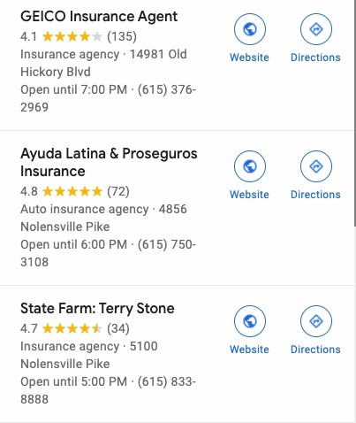 Screenshot of 3 local insurance agents