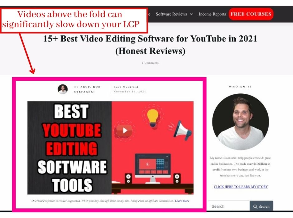 LCP example of website with video above fold