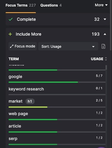 Screenshot of LSI keywords with black background