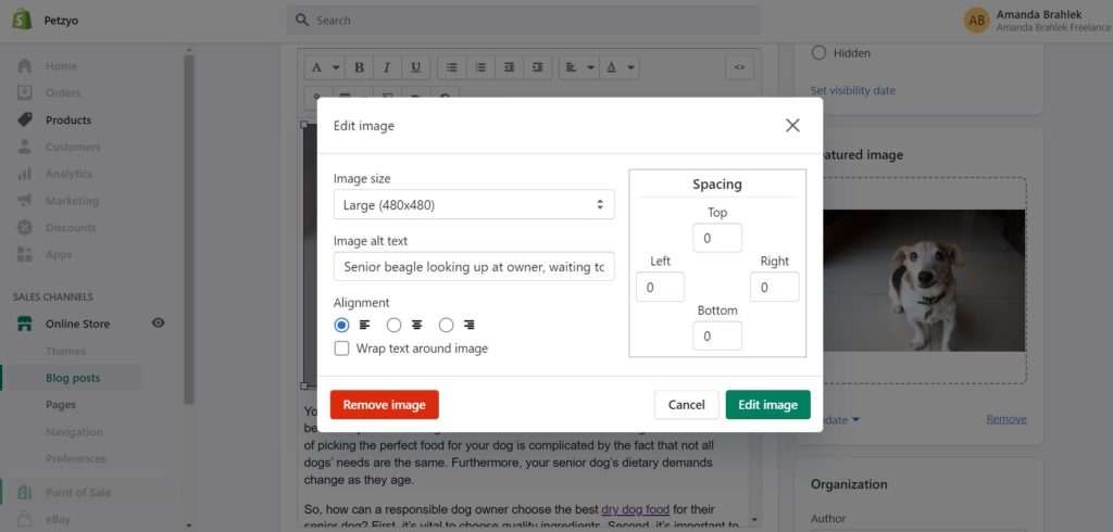 Editing alt text in the Shopify CMS