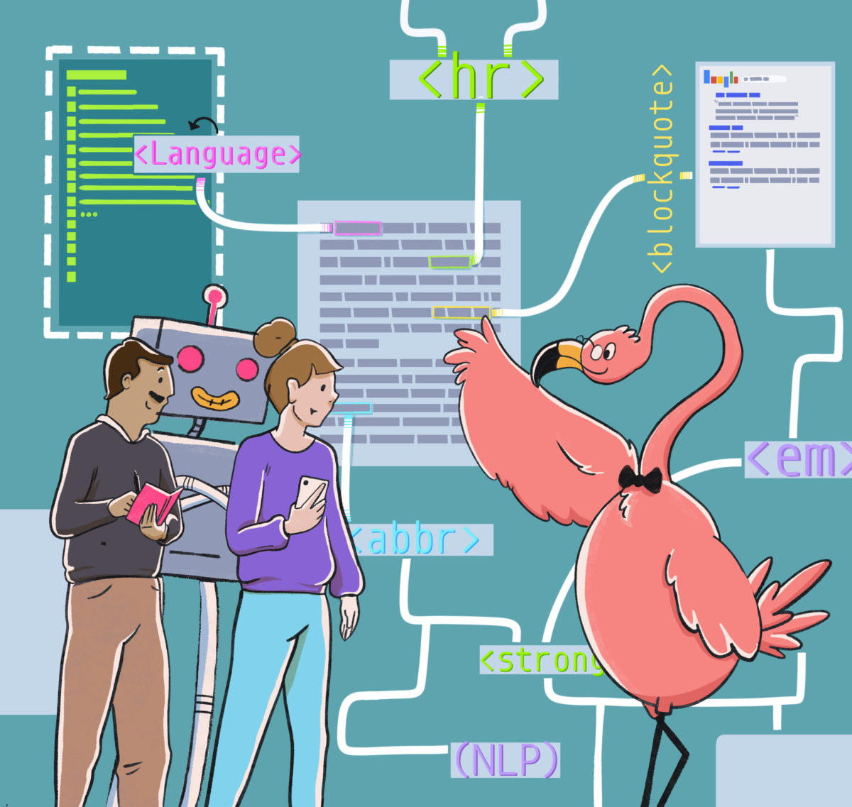 An SEO teaching two students about semantic SEO concepts