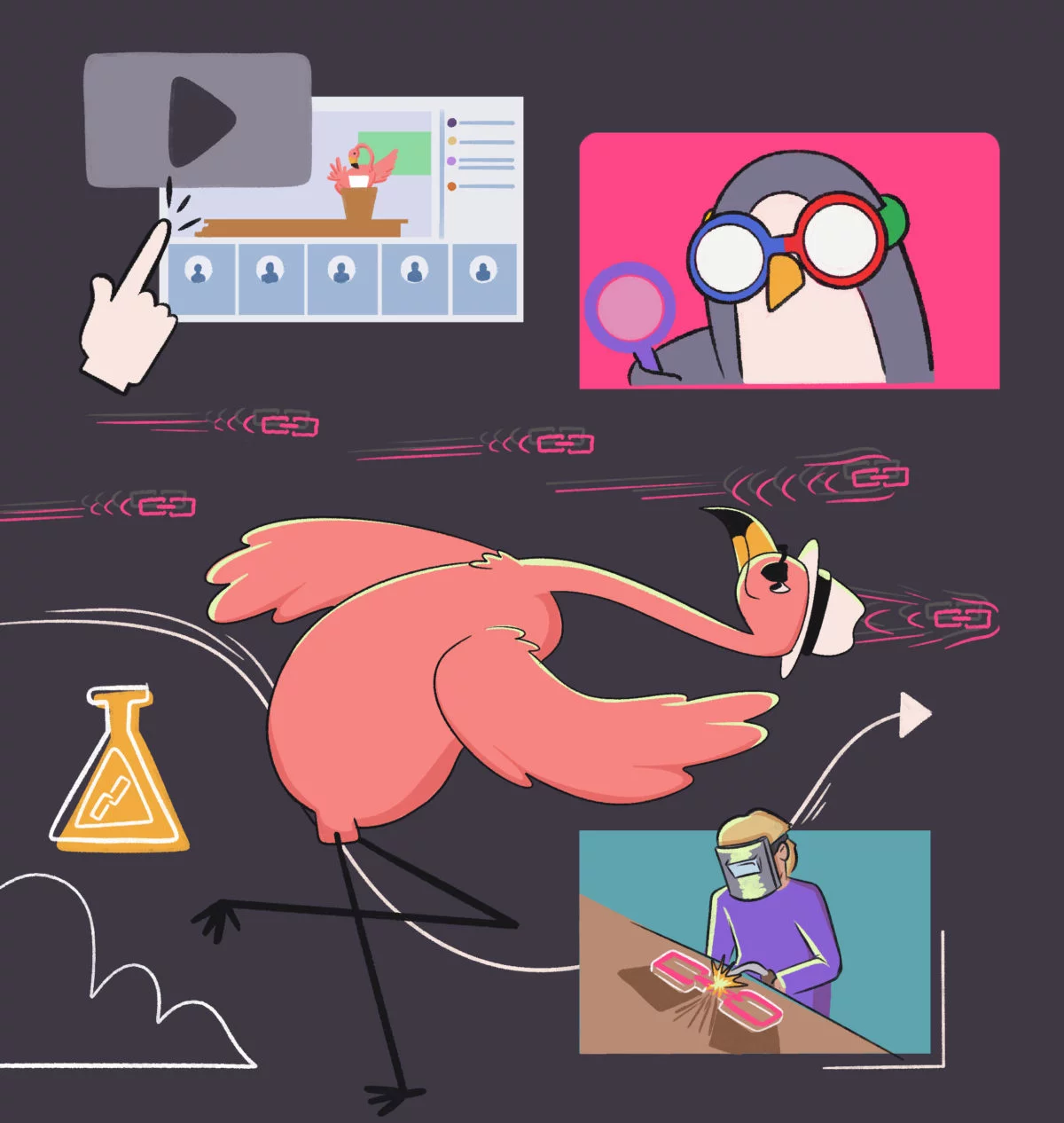 A flamingo wearing a white hat and leaning back to avoid black hat backlinks