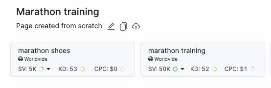 screenshot from the seo content assistant of marathon training related terms