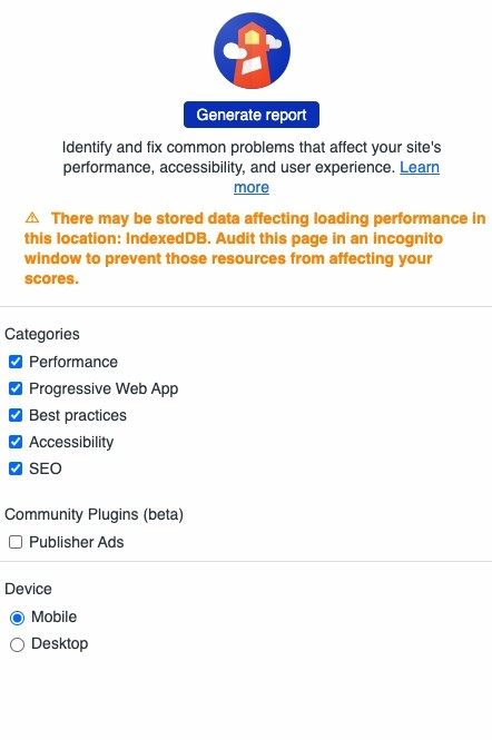 Screenshot of the Lighthouse tool