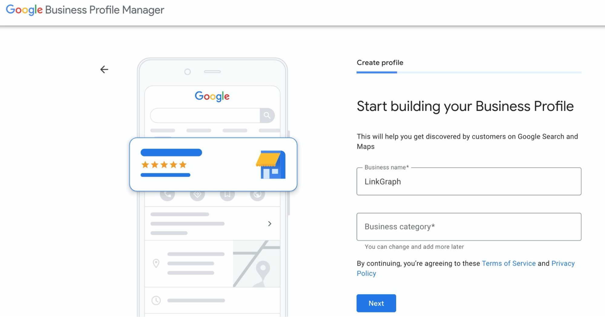 Screenshot Add your business with name and category