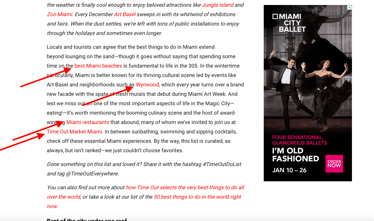 image of a blog posts with red arrows pointing to all of the internal links on the page