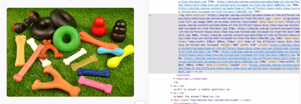 dog toys with the inspection menu to the right highlighting the alt text