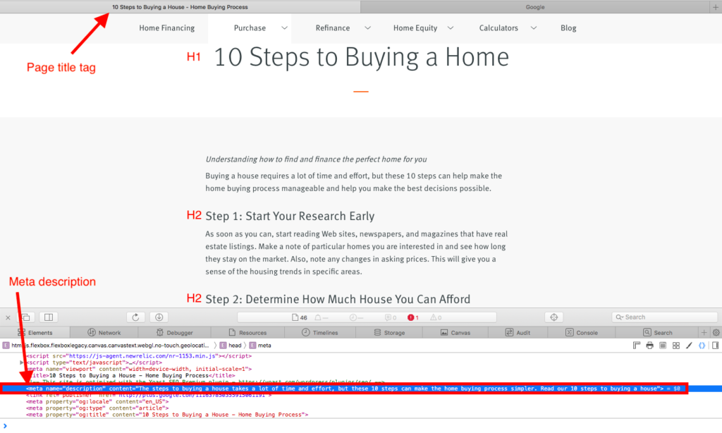 example of page title tag and meta description in HTML