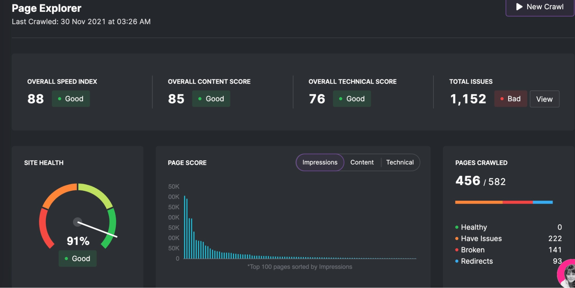 Screenshot of Page Explorer tool's dashboard with site health meter
