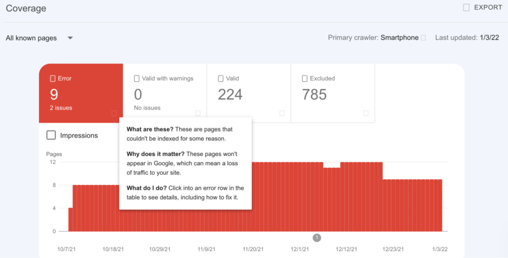 GSC site crawl errors report screenshot