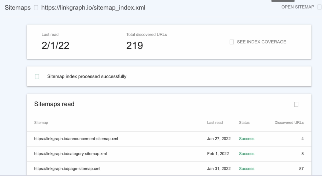 example of sitemap screen in google search console