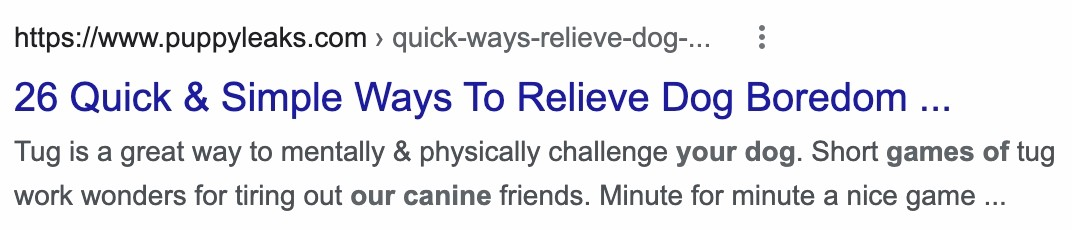 Example of meta tags from a dog boredom article