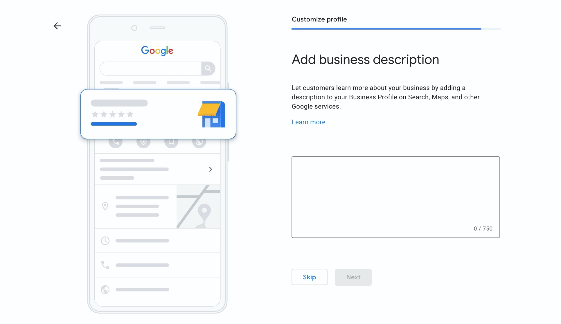 Screenshot of adding description to GBP with phone graphic on left and text box on the right