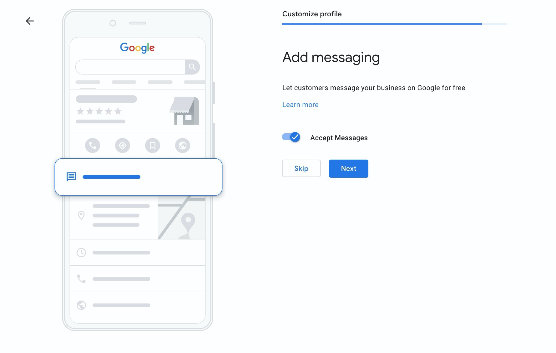 Turn on messaging screenshot with and on/off button and skip or next options