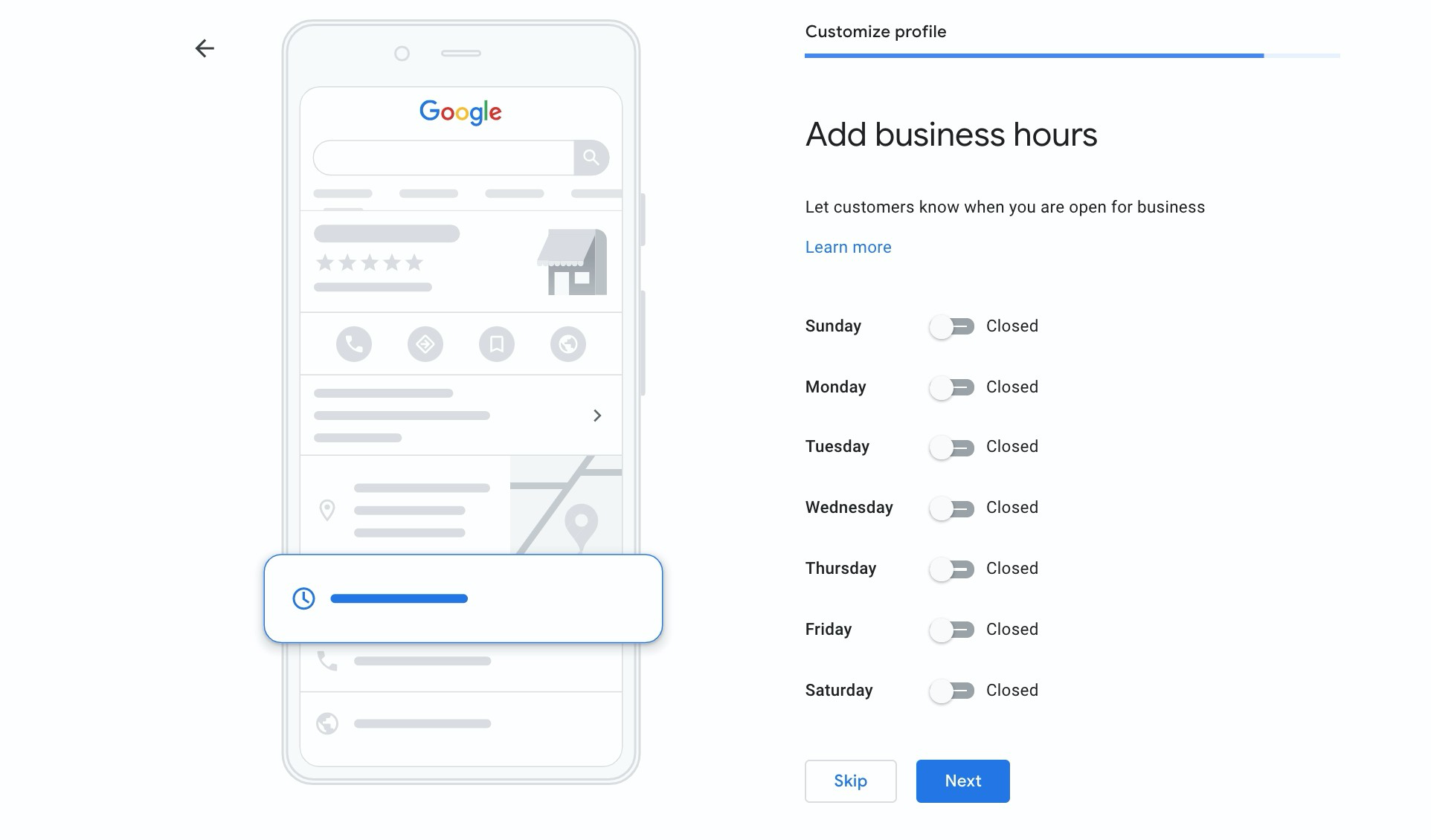 Screenshot of adding hours to GBP with days of week menu and on/off buttons