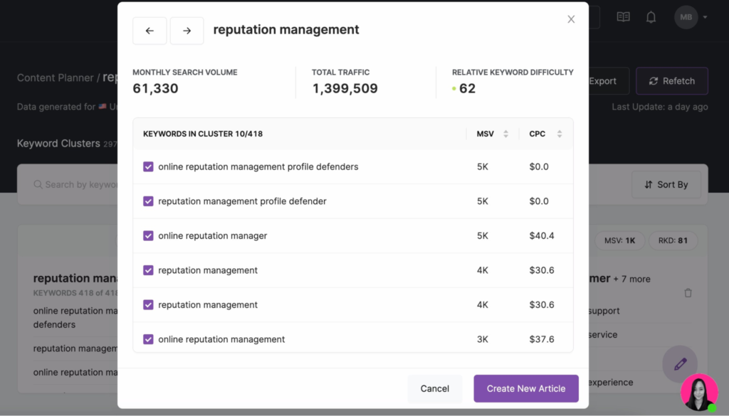 SEO content planner tool screen shot