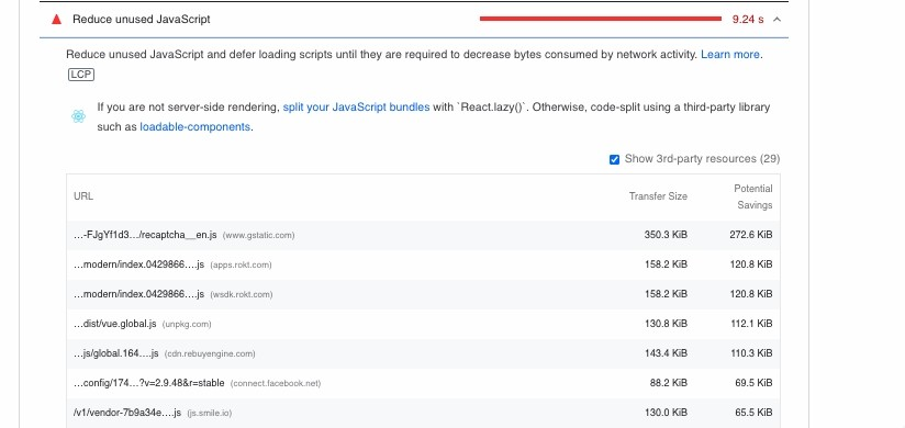 Example of pagespeed report suggesting reduce javascript
