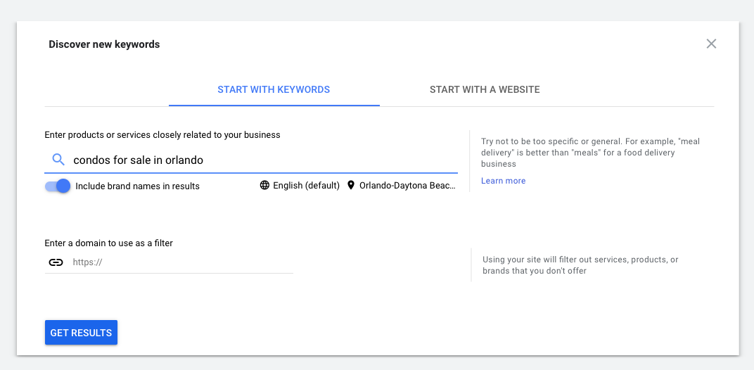 screenshot of Google's Keyword Planner tool 