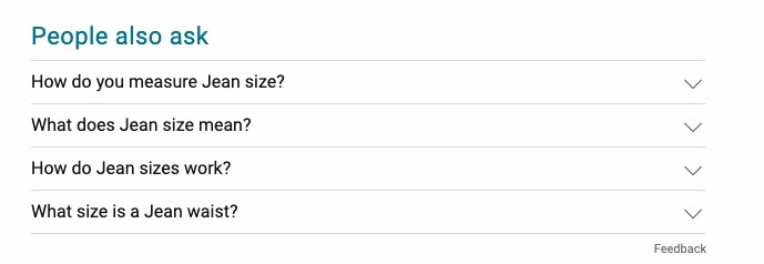 Screenshot from Bing's PAP about jean sizing