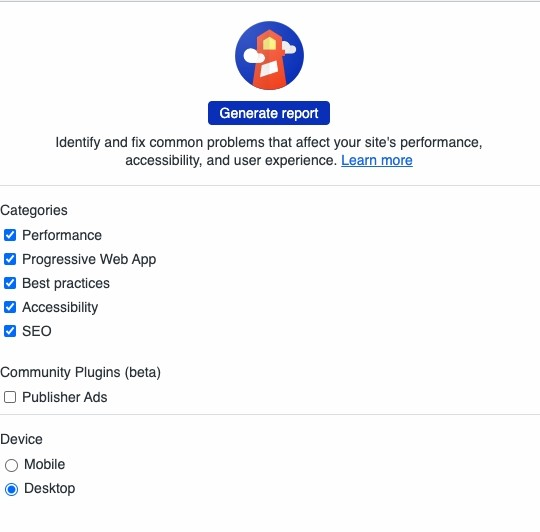 Screenshot from lighthouse tool