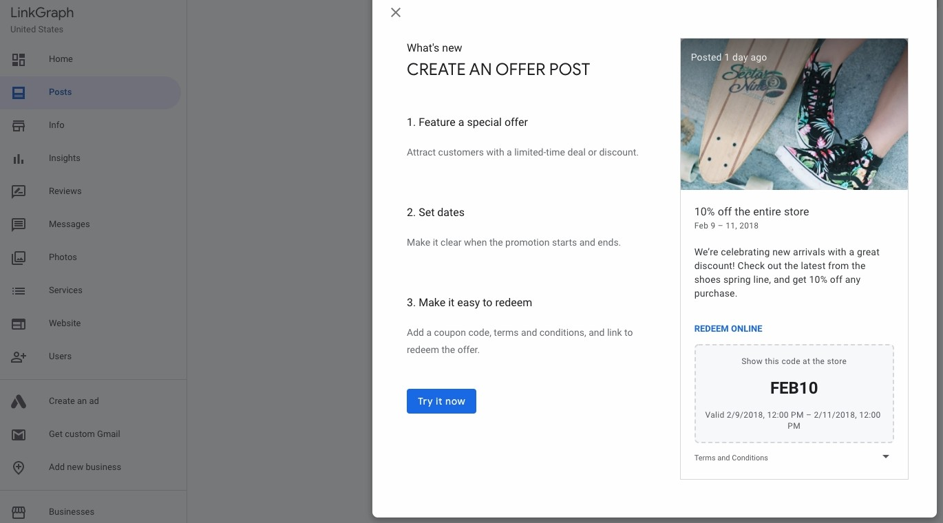 Screenshot of creating a post with instructions on the left and example on the right showing a shoe company with promo code