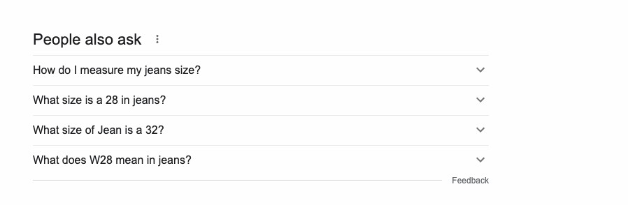 PAP screenshot from Google with the topic of jean sizing