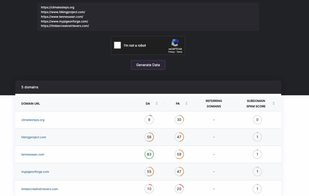 Bulk DA checker screenshot comparing websites DAs