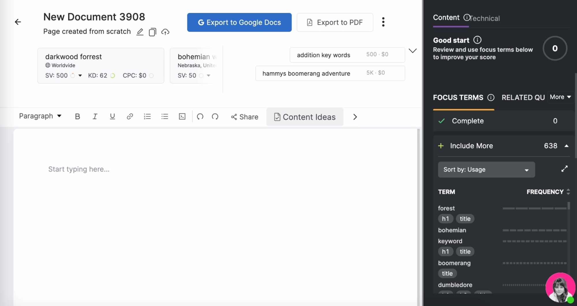 Screenshot of SEO content assistant tool