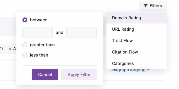Backlink list filter screenshot