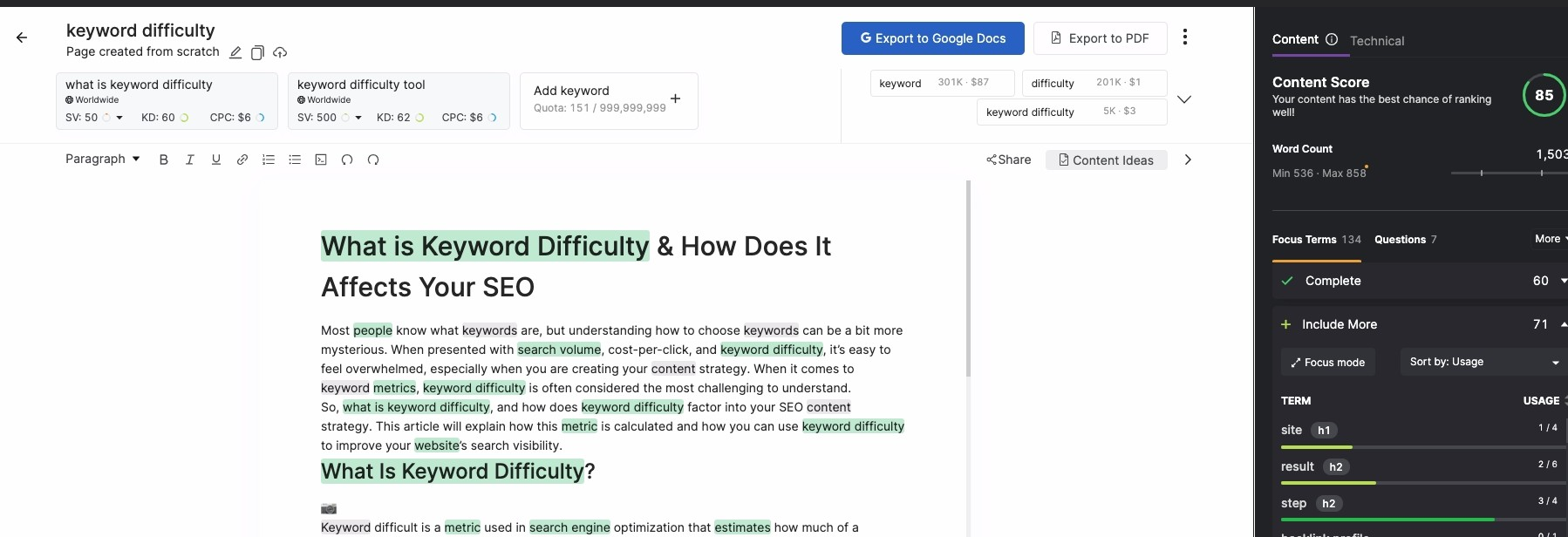 Screenshot from the SEO Content Assistant tool