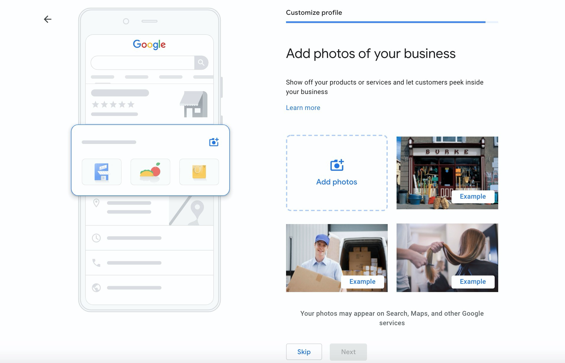 Screenshot of GBP Add photos with phone graphic on left and add photo button on right with 3 example photos