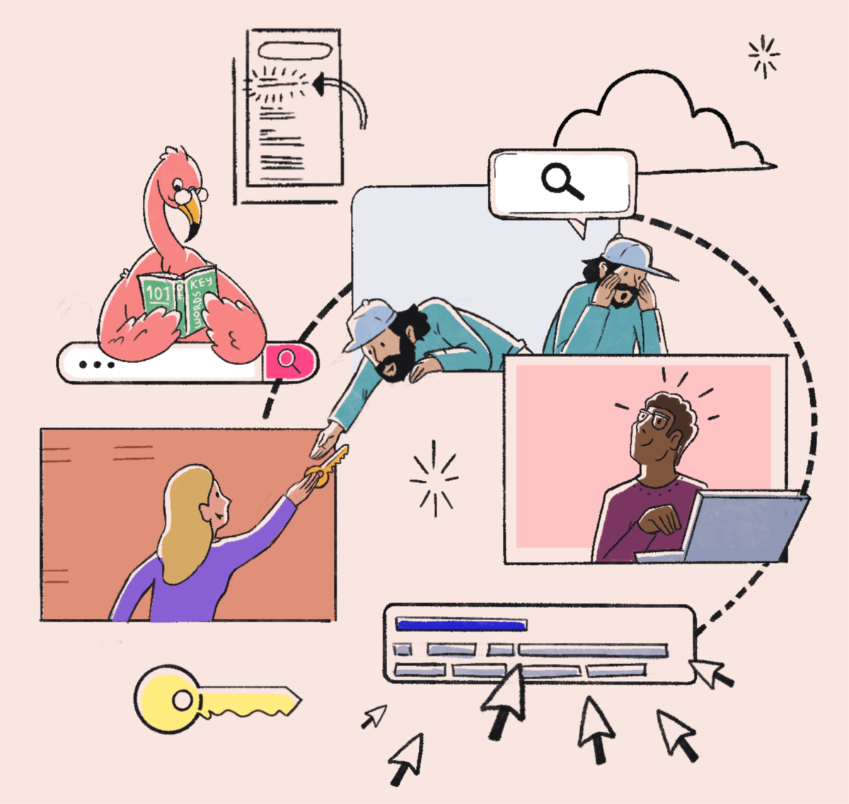 Illustration of SEOs handing off keys to a business to represent finding keywords that their audiences is using