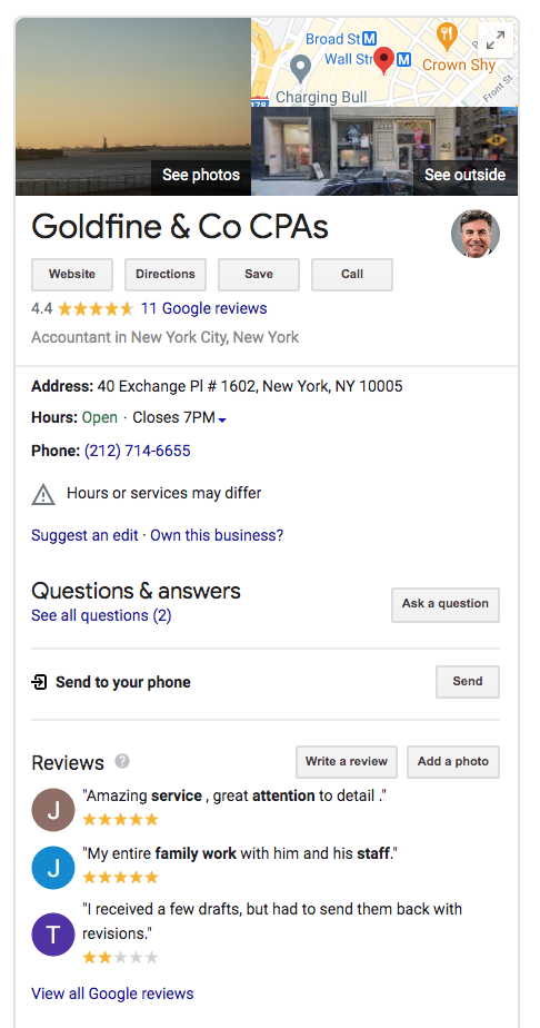 Google My Business page for accounting firm