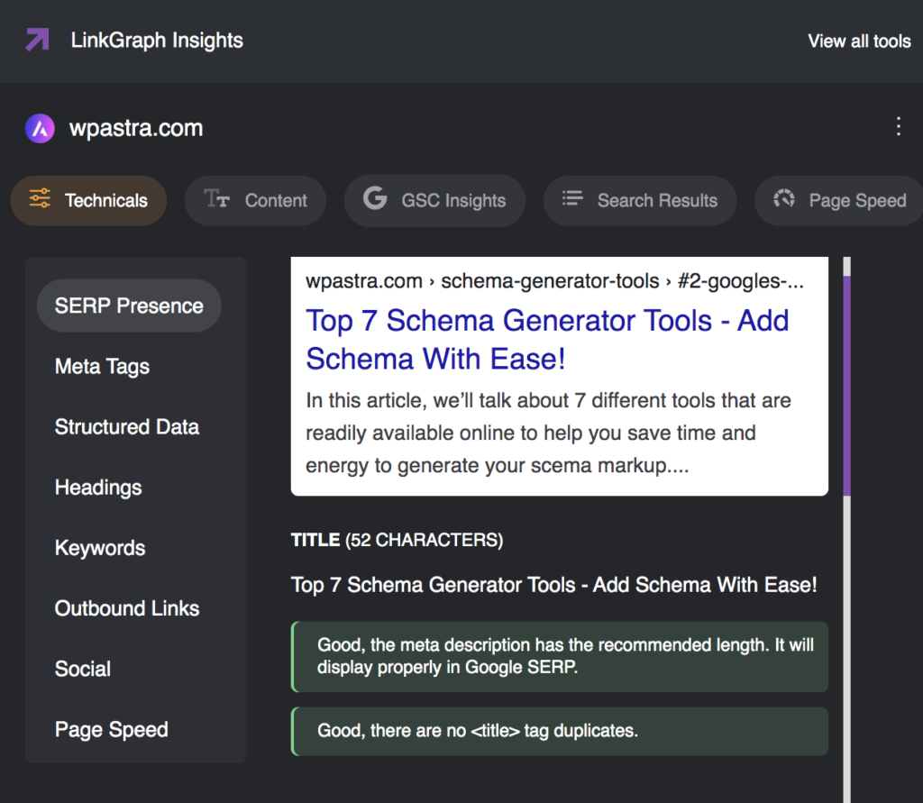 LinkGraph Chrome extension meta tag feature