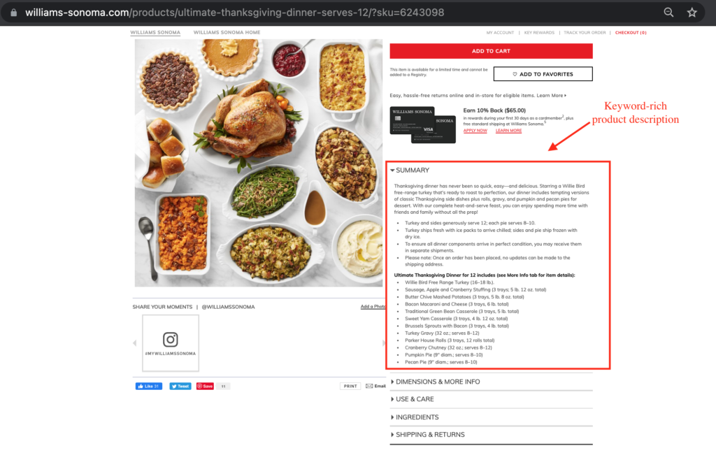 product page with keywords in product description