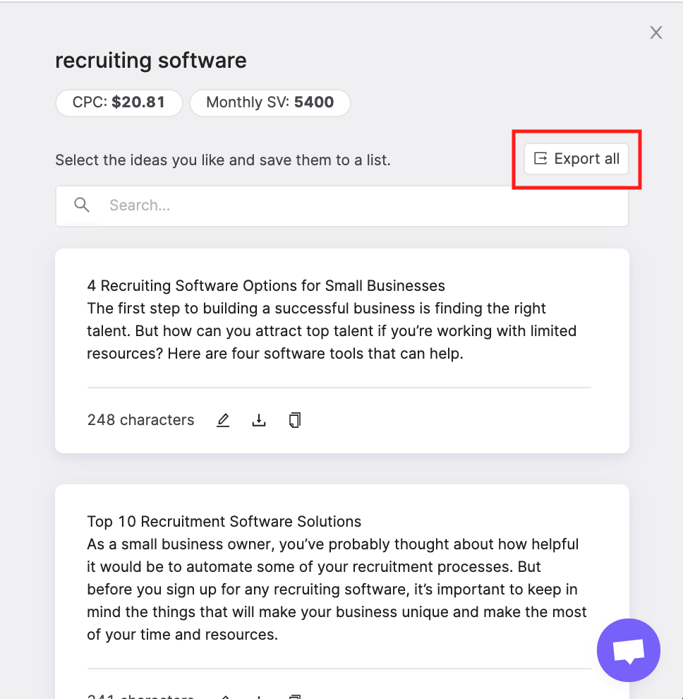 Blog ideas for the keyword recruiting software generated by the blog ideas tool in SearchAtlas