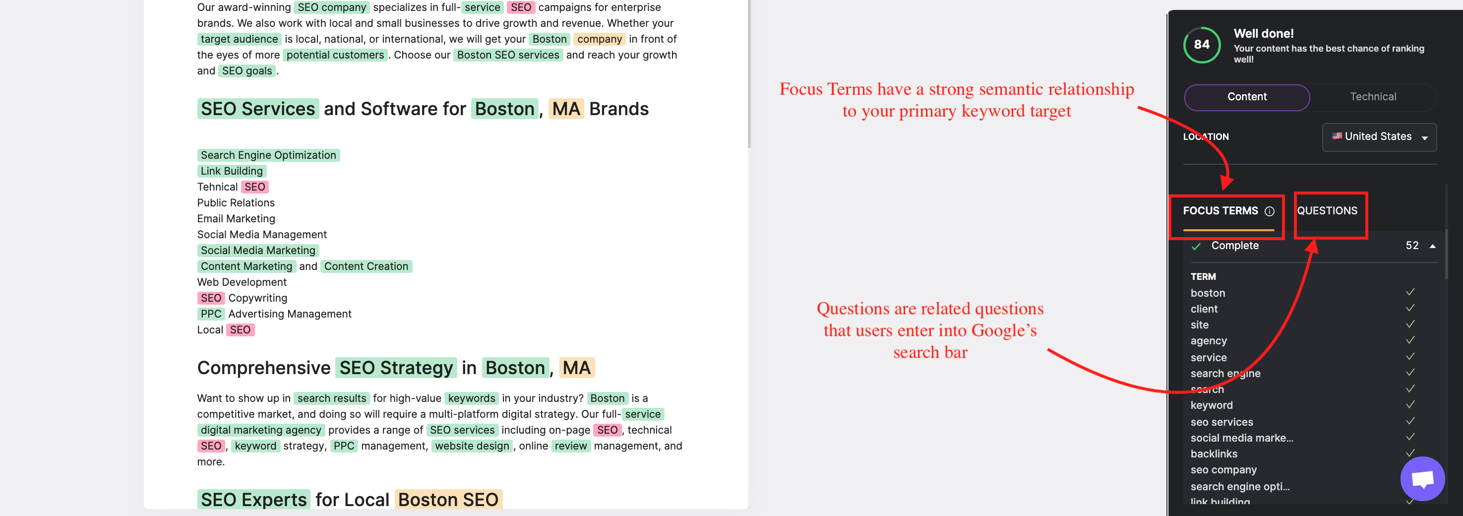 screenshot of the SearchAtlas SEO Content Assistant with red squares around the Focus Terms feature and the Questions feature