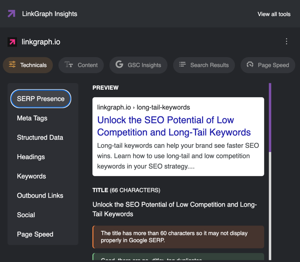 Screenshot of Meta Tags tool in SearchAtlas chrome extension