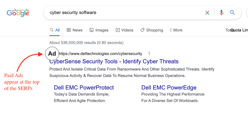 paid ad at the top of the SERPs with magnifying glass around "ad"