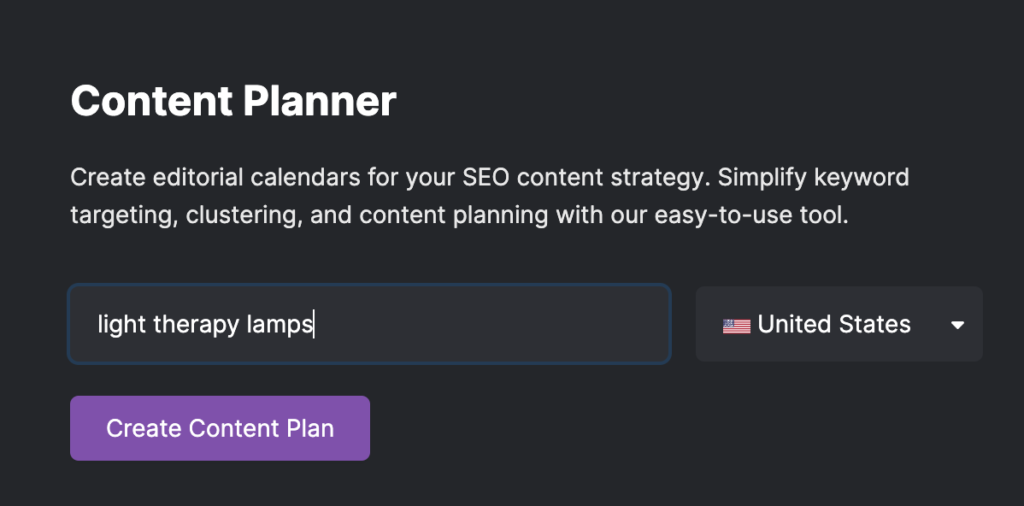 screenshot of a content planner tool with the keyword "light therapy lamps"